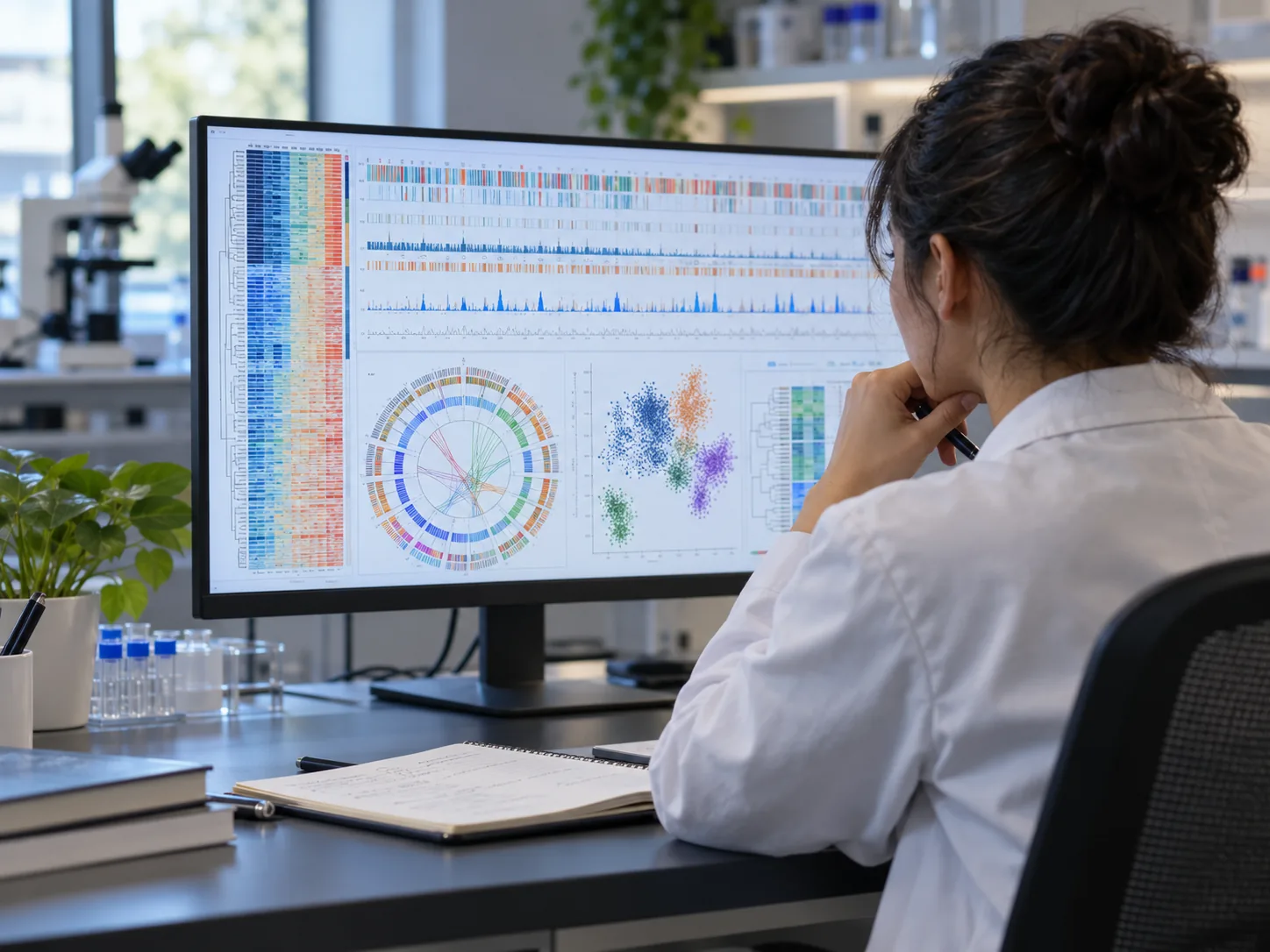 Researcher reviewing genomic analysis on a laboratory monitor