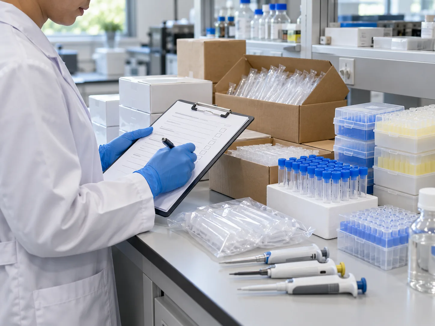 Scientist checking laboratory supply materials for product sourcing
