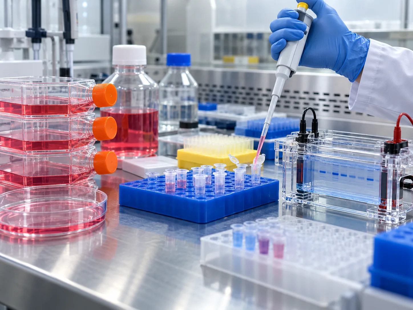 Cell culture flasks, pipette and electrophoresis equipment for cell and protein research