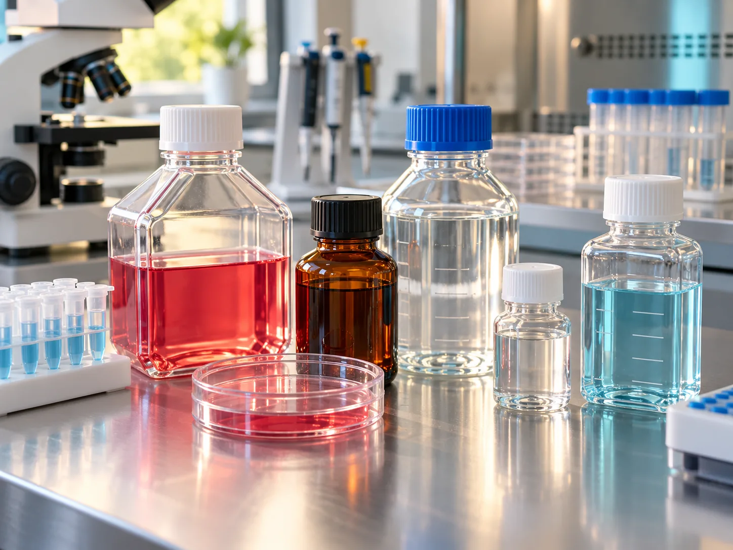 Research reagents, media and buffer containers on a biotechnology laboratory bench