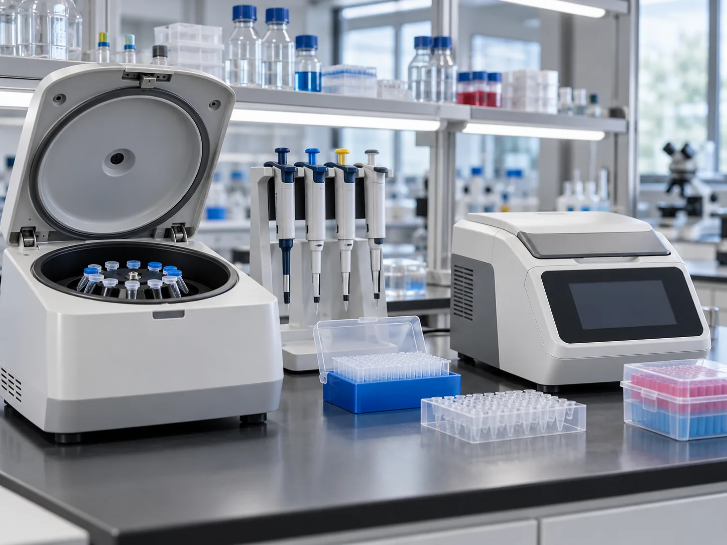 Benchtop centrifuge, micropipettes and PCR equipment in a modern laboratory