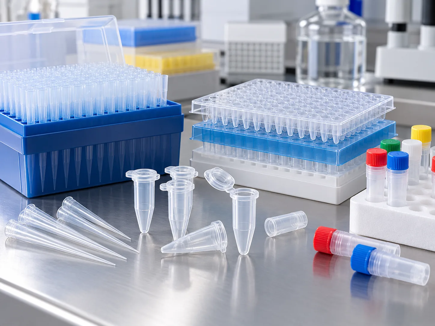 Laboratory consumables including pipette tips, tubes and PCR plates arranged on a clean bench