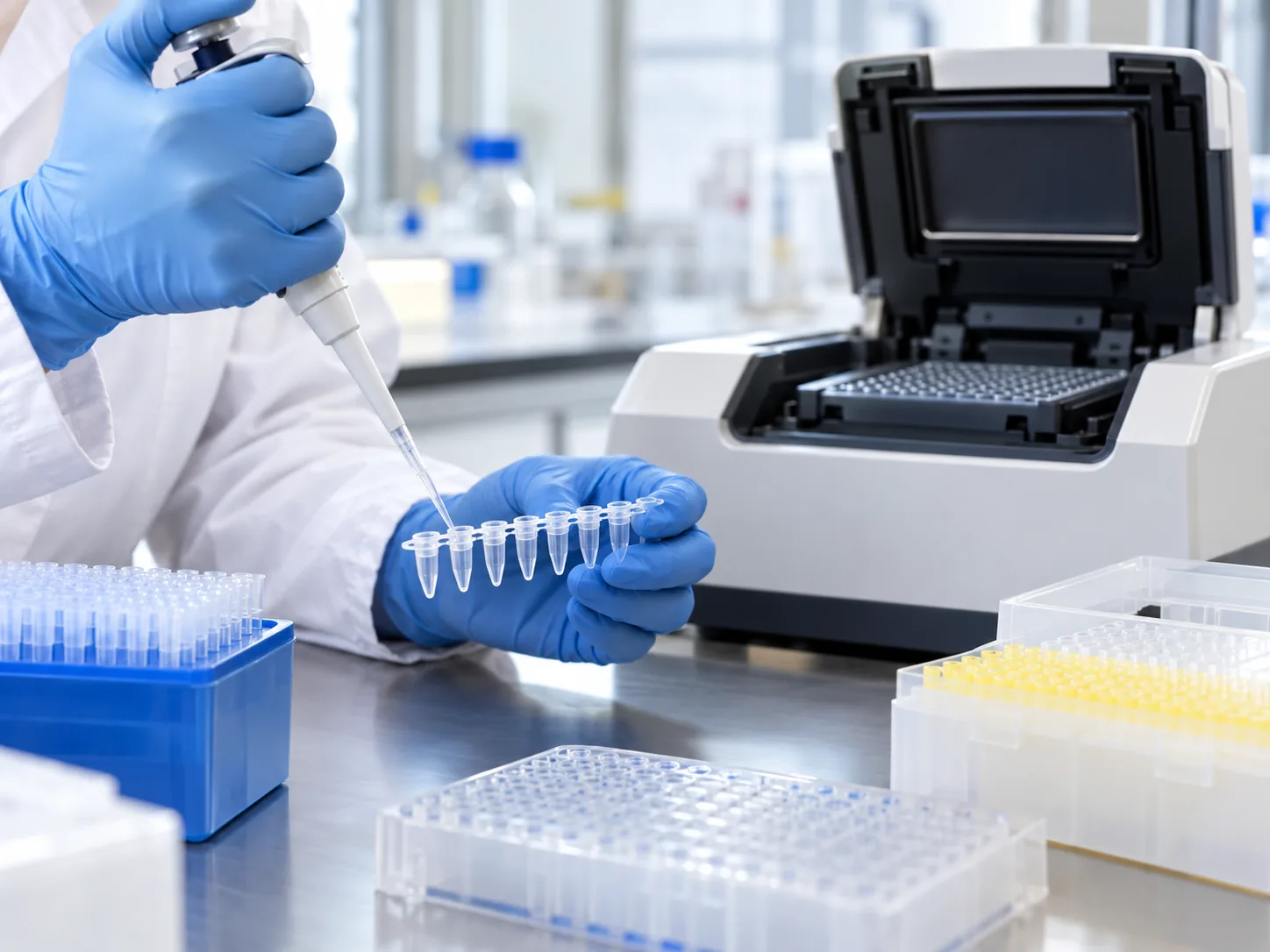 PCR sample preparation beside a thermal cycler in a molecular biology laboratory