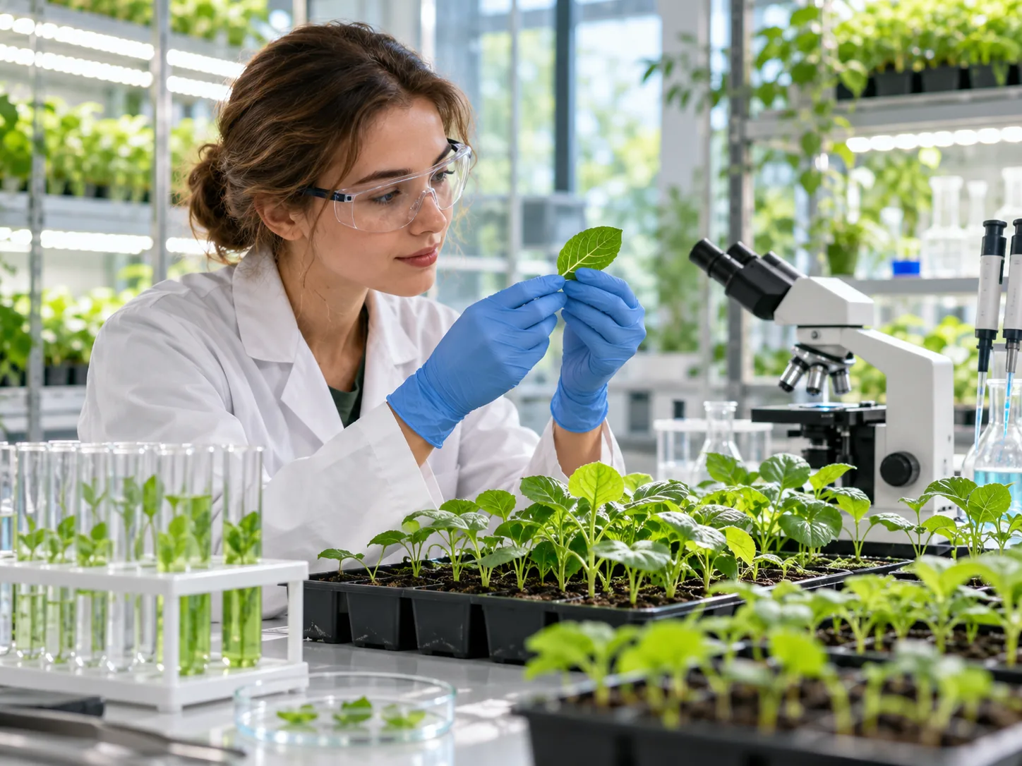 Researcher inspecting a leaf among young plants in a plant biotechnology laboratory